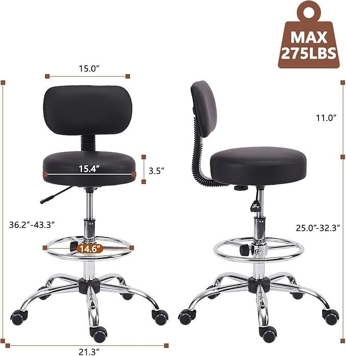 Drafting Stool Chair with Back, Adjustable Foot Rest Backrest Swivel Rolling Stool, Multi-Purpose Office Desk Chair, Thickened Seat for Home Bar Spa Kitchen Shop 2pack