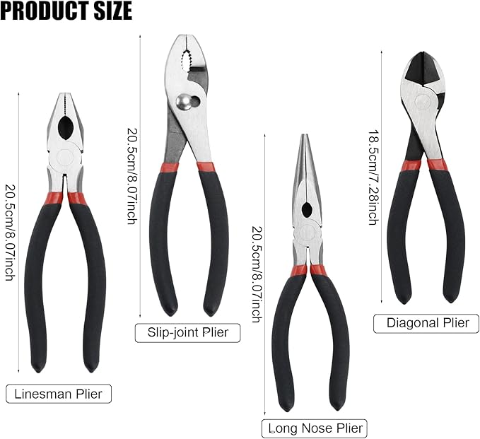 4 Pack Precision Basics Pliers Set-8'' Slip Joint, Long Needle Nose Pliers, Lineman, And 7''Diagonal Pliers for DIY, Construction, Machinery, Home Maintenance and Garden Projects