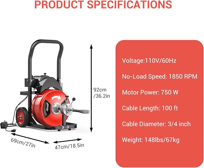 100Ft 3/4 Inch Cable Drain Cleaning Machine, 750W Auto Feed Portable Electric Sewer Snake, Electric Drain Auger with 6 Cutter Air-Activated Foot Switch for 4" to 8" Pipes