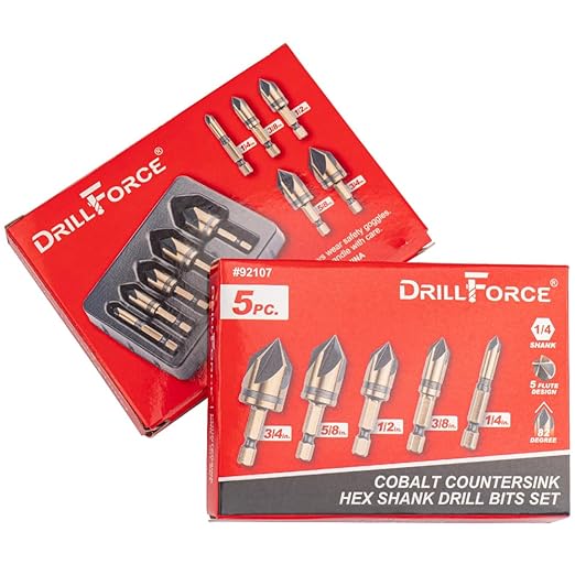 Cobalt Countersink Drill Bits Set(5PCS), M35 HSSCO 82 Degree 5 Flutes,1/4 Inch Quick Change Hex Shank for Stainless Steel, Metal, Wood, Carbon Steel 1/4'' 3/8'' 1/2'' 5/8'' 3/4''