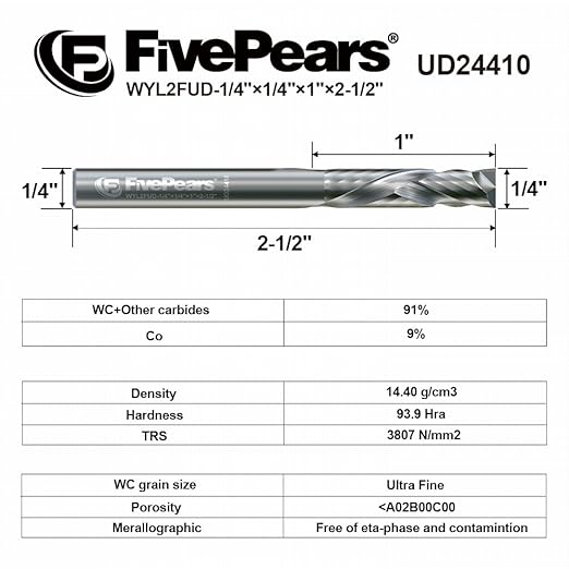 FivePears Up&Down Cut Compression Spiral Router Bit for CNC, 1/4" Cutting Diameter, 1" Cutting Length, 1/4 inch Shank, Carbide End Mill Router Bit for Wood Carving Engraving Grinding Grooving