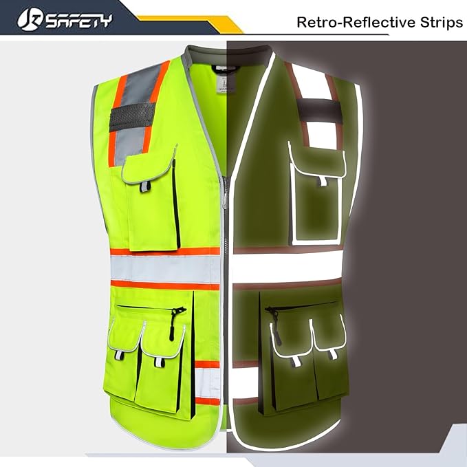 JKSafety 10 Pockets Class 2 Hi-Vis Zipper Front Yellow Safety Vest | Cushioned Collar | High Reflective Tapes with Extended Neon Orange Strips | Meets ANSI/ISEA Standards (Medium, 89-Yellow)
