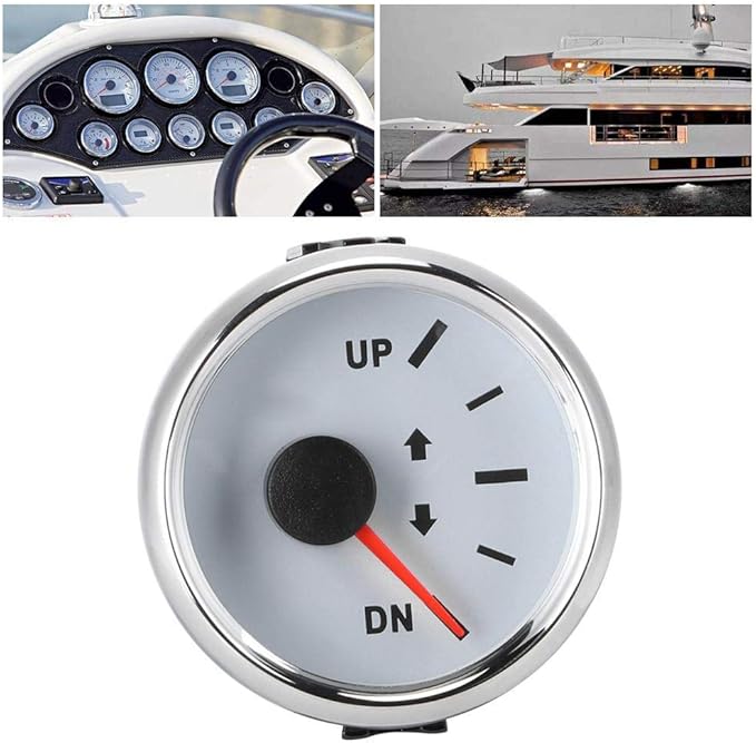 Boat Trim Gauge, 52mm/2in Stainless Steel UP-DN Boat Trim Gauge 0-190ohm Trim Tilt Indicator Red Backlight (White Dial Silver Frame)