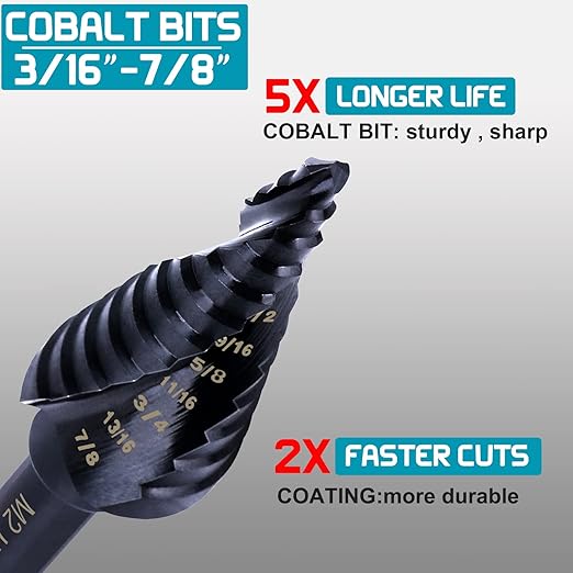 Step Drill Bits for Metal, 3/16 to 7/8, Cobalt Bit, Heavy Duty for Stainless Steel,Metal, Aluminum, Copper, 12-Steps. 201