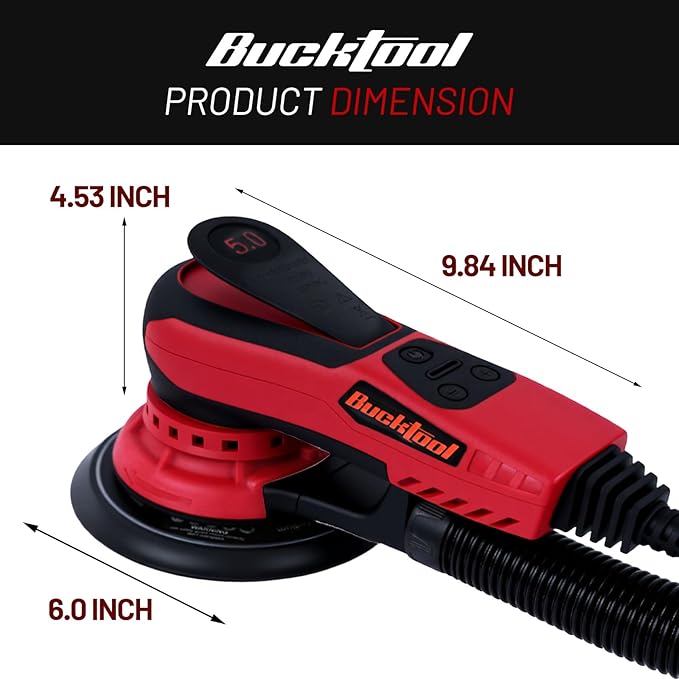 Bucktool 3.0 Amp 6 Inch Orbital Sander Brushless Motor, 4000-10000 Variable Speed, 5mm Orbit Diameter, with Precision Dust Control & 4 Sanding Pads