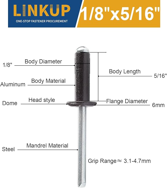 Linkup 330pcs pack 1/8" x 5/16" Black pop blind Rivets, 3.2mm x 8mm Black pop rivets,Aluminum Body Steel Mandrel Rivets (Black),Dome Head aluminum rivets