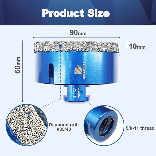 3-1/2 Inch Diamond Core Drill Bit for Porcelain Tile Ceramic Marble Granite Drilling,BRSCHNITT 1pc Vacuum Brazed Diamond Hole Saw with 5/8-11 Thread (90mm)