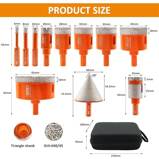 Diamond Core Drill Bit Kit BGTEC Hole Saw Tile Cutter,Triangle Shank 9pcs 6/8/10/20/28/32/35/45/65mm Drill Bits+1pc 25mm Drilling Finger Bit+1pc 2" Hex Shank Chamfer Bit