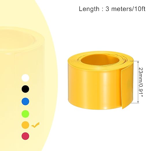 MECCANIXITY Battery Wrap PVC Heat Shrink Tubing 14mm Dia 23mm Flat 10 Feet(3meters) Yellow Good Insulation for Battery Pack