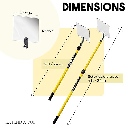 Telescoping Inspection Mirror - Standard Fiberglass, Lightweight & Durable, 2 ft - 4 ft Pole, 6 x 6 inch Acrylic Mirror