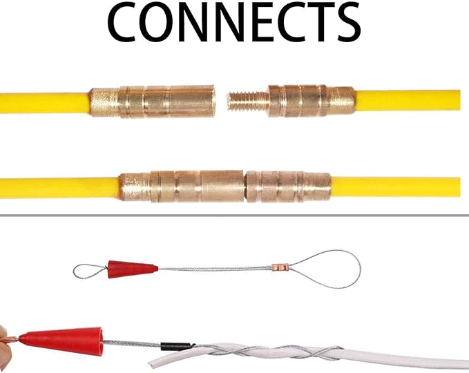 50' Fiberglass Cable Wire Running Rod Coaxial Electrical Connectable Fish Tape Pull Kit with Hook and Hole Kit in Transparent Tube, Yellow