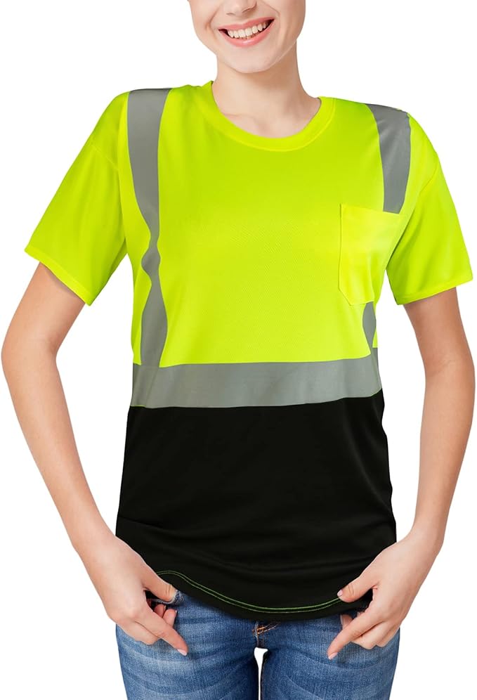 High Visibility Shirts Quick Dry Safety T Shirts with Reflective Strips and Pocket Short Sleeve Mesh Hi Vis Construction Work Class 2 Shirt for Men/Women Black Bottom Lime,XL