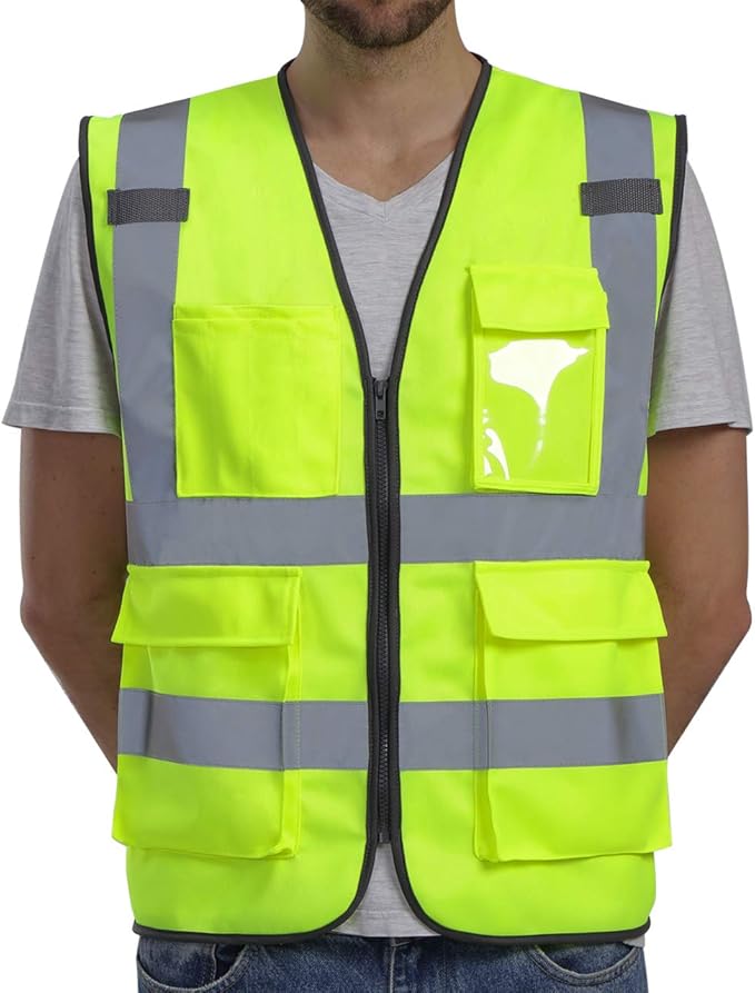 Dib Safety Vest Reflective ANSI Class 2, High Visibility Vest with Pockets and Zipper, Construction Work Vest Hi Vis Yellow L