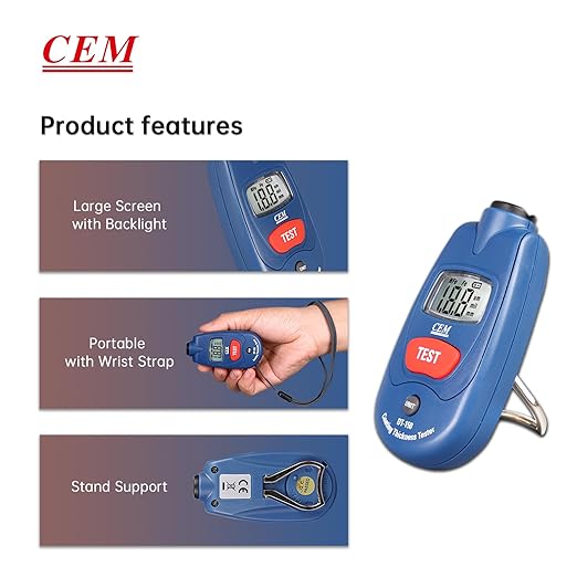 CEM Paint Thickness Gauge,Car Boat Coating Tester with Calibration Plates&Battery,Fe/NFe Automatic Recognition Portable Digital Thickness Meter Detector,Backlight LCD Display,Auto Power Off&Lanyard