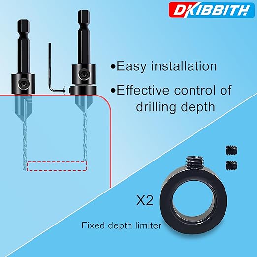 DKIBBITH 12-Piece Countersink Drill Bit Set with 5 Spare Bits, 2 Limit Rings, 1 Hex Key, 2 Screws & Case - 3-in-1 Wood Countersink Bit for #6#8#10#12#16 Screws, 82°Chamfer, Depth Adjustable.