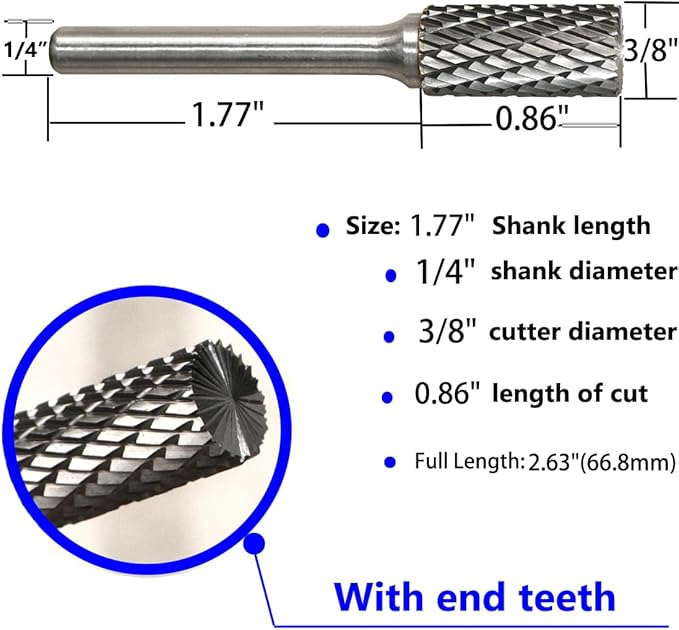 Carbide Burr Set 1/4" Shank SB-3 Die Grinder Bits Tungsten Double Cut Burr Bits (3/8" Cutter Dia X 0.79" Cutter Length) for Die Grinder Kits Metal Grinding Drilling Polishing (1pcs)