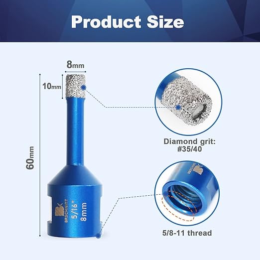 5/16 Inch Diamond Core Drill Bit for Porcelain Tile Ceramic Marble Granite Drilling,BRSCHNITT 2pcs Vacuum Brazed Diamond Hole Saw with 5/8-11 Thread (8mm 2pcs)