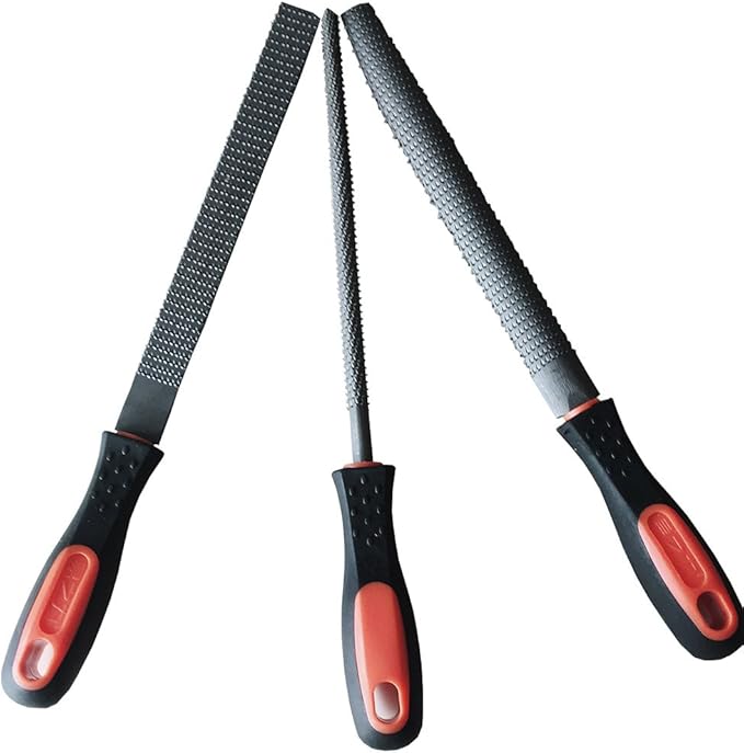 8" Wood Rasp File Set with Rubber Grip - Includes Hand Cut Round, Half-Round, and Flat Rasp File Kit - Curved and Flat Tools(3 Pcs) The Color of Packing Bag is Random