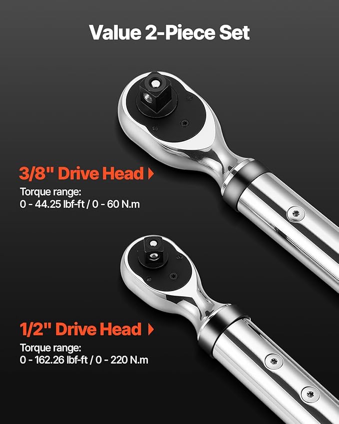 VEVOR Digital Torque Wrench 3/8 1/2 Inch Drive, 0-44.25FT.LB(0-60Nm)/0-162.26FT.LB(0-220Nm) ±2% Accuracy, Electronic Torque Wrench with Preset Mode,Vibration,Buzzer,LED Notification,5Units of Measure