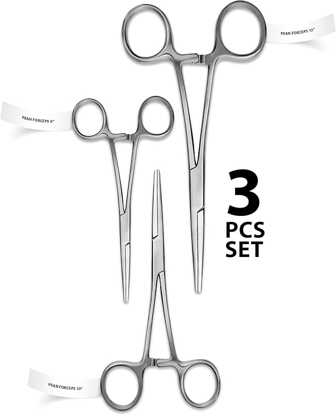 Hemostats ROCHESTER PEAN Forceps Locking Pliers Clamps Tongs Full Serrated Stainless Steel set (Straight 8,10,12 Inches 3 pcs Set)
