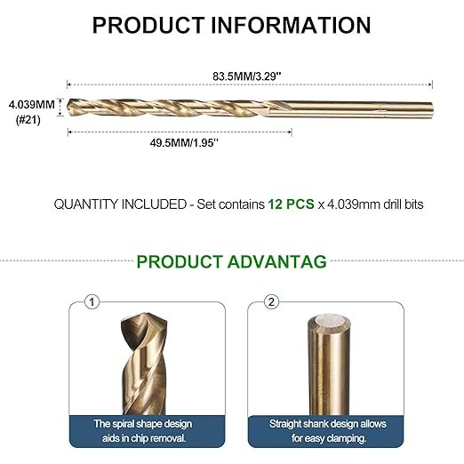 METALLIXITY Drill Bit (#21) 12Pcs, M2 High-Speed Steel Micro Number Bits Spiral Flute 135°Point Tip Gold Finish for Stainless Steel Iron Copper Aluminum Hard Metal