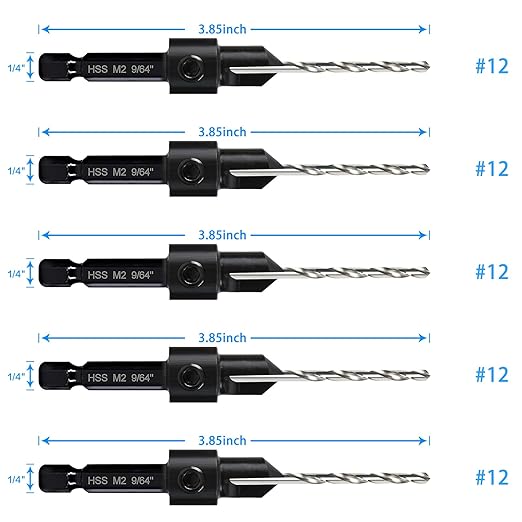 5-pc #12 Countersink Drill Bit Set, 3in1 Woodworking Counterbore Hole Saw Drill Bits, Depth Adjustable 9/64" M2 Pilot Drill Bits, 82-Degree Chamfer, 1/4” Hex Shank, 2 Allen Wrench