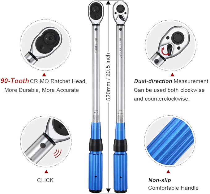 1/2-inch Drive Click Torque Wrench Set Dual-Direction Adjustable 90-tooth Torque Wrench with Buckle（10-160ft.lb / 10-220Nm）