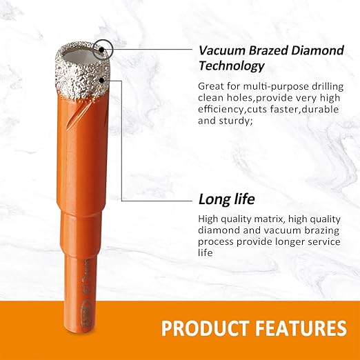 Dry Diamond Drill Bit Set,BGTEC 1pc 3/8" 10mm Hole Saw for Granite,Marble,Masonry, Concrete, Tile/Ceramic, Glass, Hard Plastic,Vacuum Brazed Diamond Core Drill Bit Kit