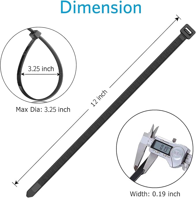 Zip Ties 12 inch (100 Pack), Black, 50 lb, UV Resistant Cable Ties for indoor and outdoor use, by Karoka