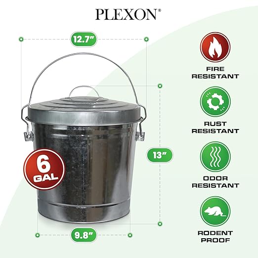 Plexon Metal Trash Can with Locking Lid Outdoor Storage Bucket for Bird Seed Ash 6-Gallon Galvanized Steel 6 Pack