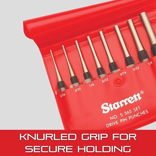 Starrett Drive Pin Punch Set with Knurled Grip and Round Red Plastic Box - 4" Length, 1/16", 3/32", 1/8", 5/32", 3/16", 7/32", 1/4", 5/16" Punch Diameter - Set of 8 - S565WB