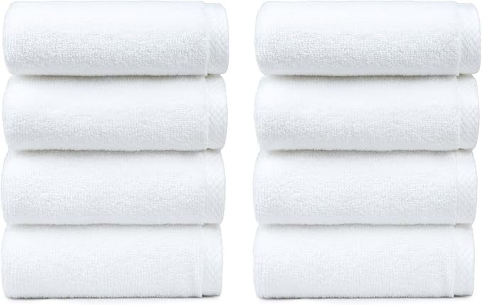 Amazon Basics 100% Cotton Soft, Quick-Dry Absorbent Hand Towels, 8-Pack, White, 28" x 16"