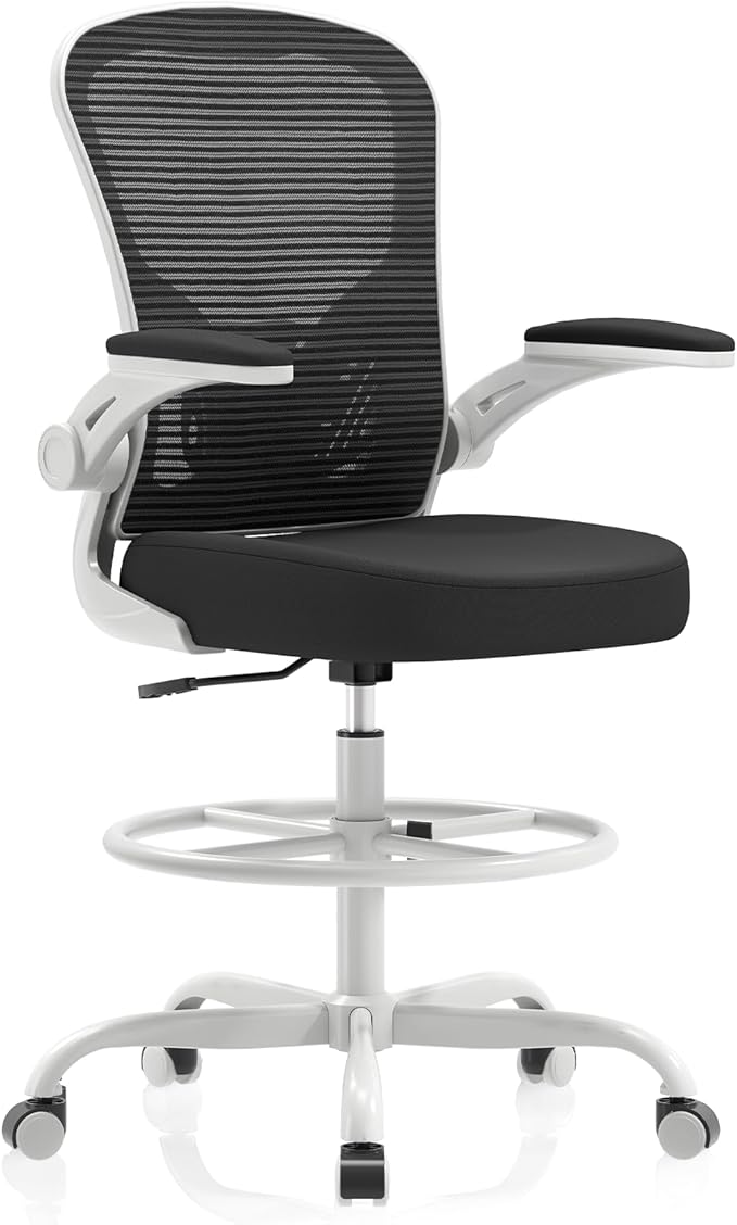 Ergonomic Drafting Chair, Tall Office Chair with Flip-up Armrests, Breathable Mesh High Desk Chair with Lumbar Support Adjustable Footrest Ring for Standing Desk Grey Black