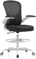 Ergonomic Drafting Chair, Tall Office Chair with Flip-up Armrests, Breathable Mesh High Desk Chair with Lumbar Support Adjustable Footrest Ring for Standing Desk Grey Black