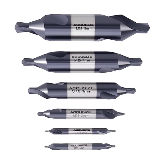 Accusize Industrial Tools (#1-#5), SAE 3.15mm-12.5mm, 6 Pc ANSI M35 (H.S.S. +5% Cobalt) TiAlN Coated Center Drill Bit Set, Metric Sizes, 3500-6002