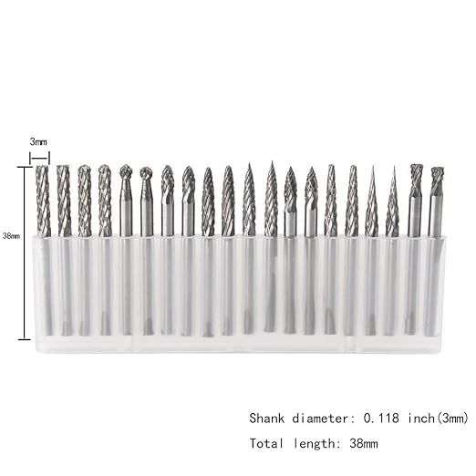 20pcs Solid Carbide Burr Set 0.118‘’（3mm）shank Tungsten Carbide Rotary Files Burrs with 3mm Cutting Head diameter Fits Most Rotary Drill Die Grinder for Woodworking,Engraving,Drilling,Carving