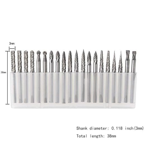 20pcs Solid Carbide Burr Set 0.118‘’（3mm）shank Tungsten Carbide Rotary Files Burrs with 3mm Cutting Head diameter Fits Most Rotary Drill Die Grinder for Woodworking,Engraving,Drilling,Carving