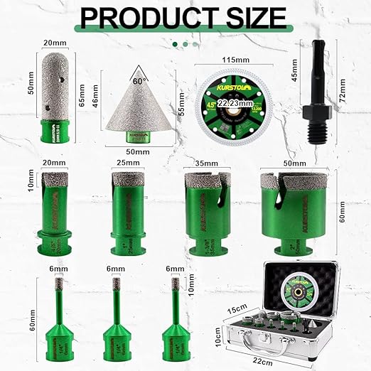Diamond Core Drill Bits Kit - 6/6/6/20/25/35/50mm+2" Beveling Chamfer Bit+3/4" Finger Milling Bit+SDS Adapter to 58-11" Thread+4.5" Cutting disc for Porcelain Ceramic Tile Granite Marble