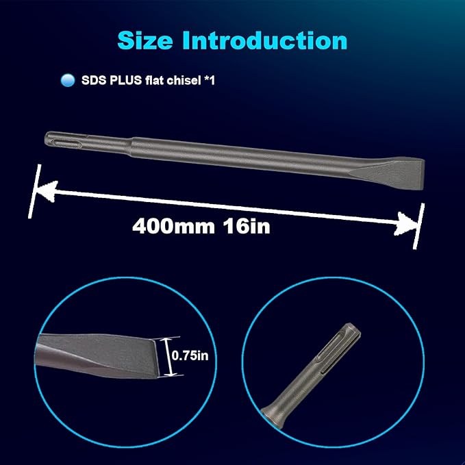 16 Inch SDS Plus Chisel, 3/4 Inch Flat Chisel, Ideal for Concrete Demolition, Tile Removal Tool for SDS Plus Hammer Drill Attachment