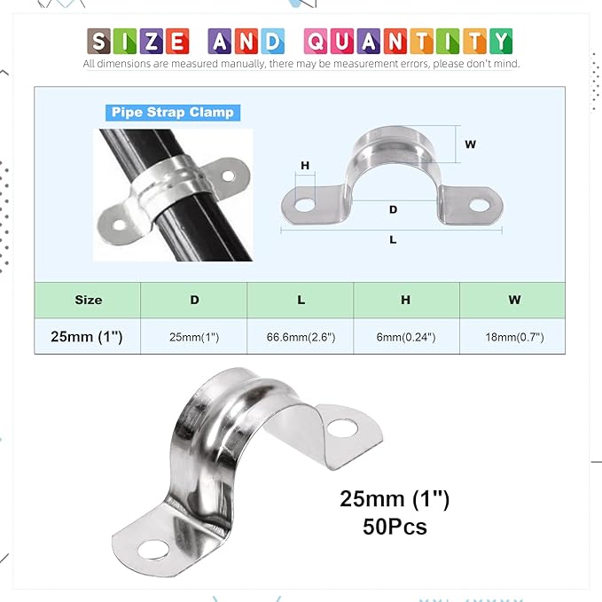Glarks 50Pcs M8 Pipe Strap Clamp, 304 Stainless Steel 2 Hole Strap Heavy Duty Rigid Pipe Strap U Bracket Tube Strap Cable Clamp Hanger Tension Tube Clip for Pipe Tube Cable Fixing (25mm (1"))
