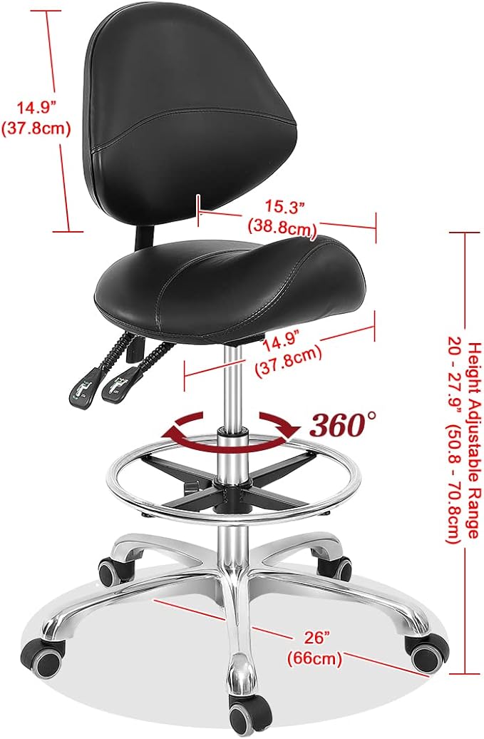 Grace & Grace Professional Saddle Stool Chair with Back Support, Hydraulic Ergonomic Saddle Seat Stool with Wheels for Clinic Dentist Spa Massage Salons Studio (Black, with Foot Rest)