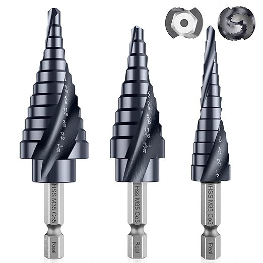 Upgrade M35 Cobalt Step Drill Bit with Ultra TiAIN Coating, 1/8"-7/8" (3PCS) Unibit Step Bit with Double Sprial Flute, 1/4" Hex Shank for Metal, Stainless Steel, Aluminum, Copper, Wood