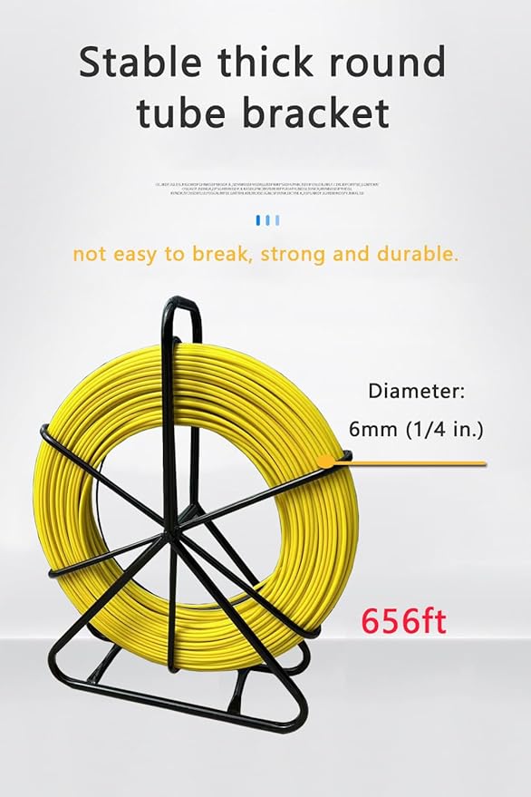 Fish Tape Fiberglass 6mm 656ft Duct Rodder Fish Tape Pulling Tool fish tape wire puller Cable Running Rod with Steel Reel Stand 【6mm*200m】