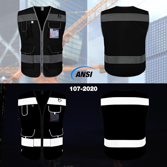 TCCFCCT High Visibility Safety Vest for Men Women 9 Pockets Hi Vis Reflective Vest for Safety, Work Vest with Reflective Strips, Meets ANSI/ISEA Standards, (Black, 4X-Large)