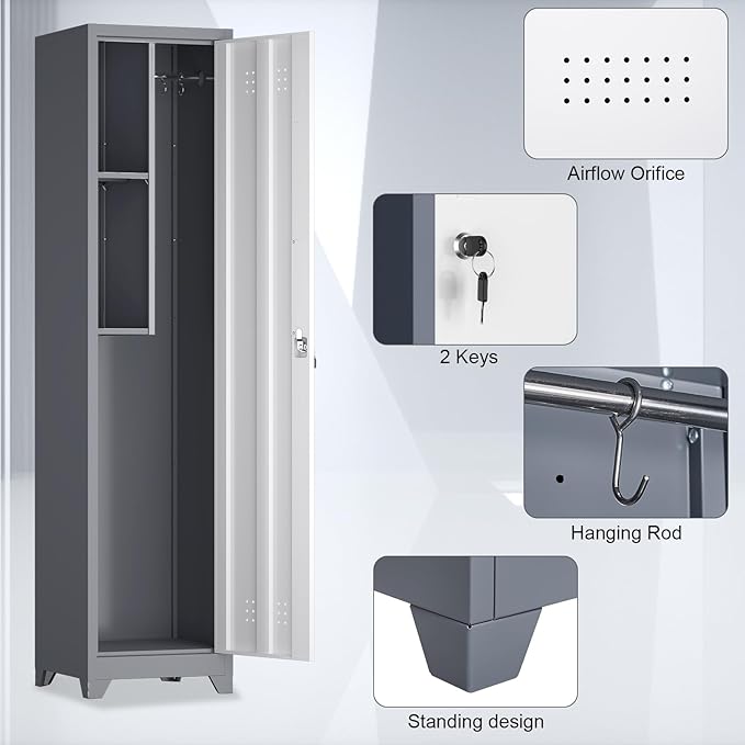 65" H Slim Broom Storage Cabinets, Metal Broom Closet with Hanging Rod & S-Hooks, Utility Cabinet for Brooms and Mops, Indoor Cleaning Storage Cabinet with Shelf for Bedroom, Bathroom, Garage