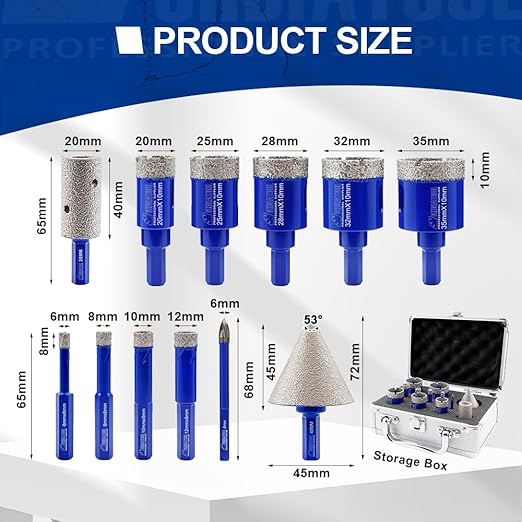 SHDIATOOL Diamond Drill Core Bits,Tile Drilling Core Hole Saw Kit for Porcelain Marble Ceramic Granite with 1/4 Carbide Positioning Drill Bit 12pcs (6/8/10/12/20/25/28/32/35MM/6MM/45MM/20MM)