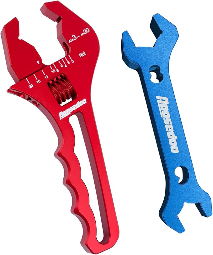 3AN-20AN AN Fitting Wrench AN Fitting Tool for AN Hose Fitting Assembly Adjustable Lightweight Aluminum Red With 6AN-AN8 Double-ended AN Wrench Blue