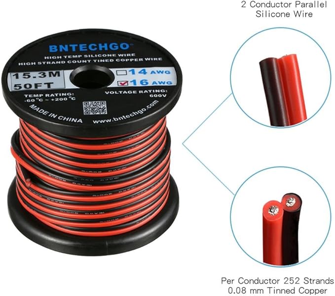 BNTECHGO 16 Gauge Flexible 2 Conductor Parallel Silicone Wire Spool Red Black High Resistant 200 deg C 600V for Single Color LED Strip Extension Cable Cord,Model,50ft Stranded Tinned Copper Wire