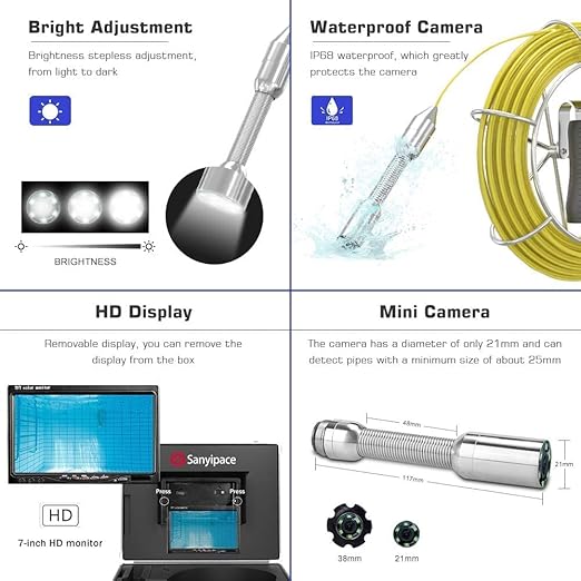 Sanyipace Sewer Camera 165FT/50M with WiFi Wireless Transmission, Drain Camera with Lights, Pipe Sewer Scope Inspection Camera with IP68 Waterproof Camera Probe, 7" Color Screen, Camera Guide Wheel