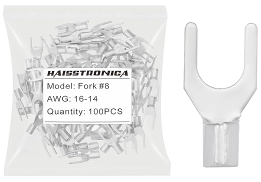 haisstronica 100pcs #8 Fork Terminals,AWG 16-14 Brazed Seam Non-Insulated Copper Wire Connectors